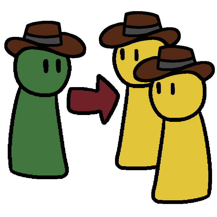 A green person facing two yellow people with a red arrow pointing from the green person to the yellow ones. All three are wearing brown cowboy hats.